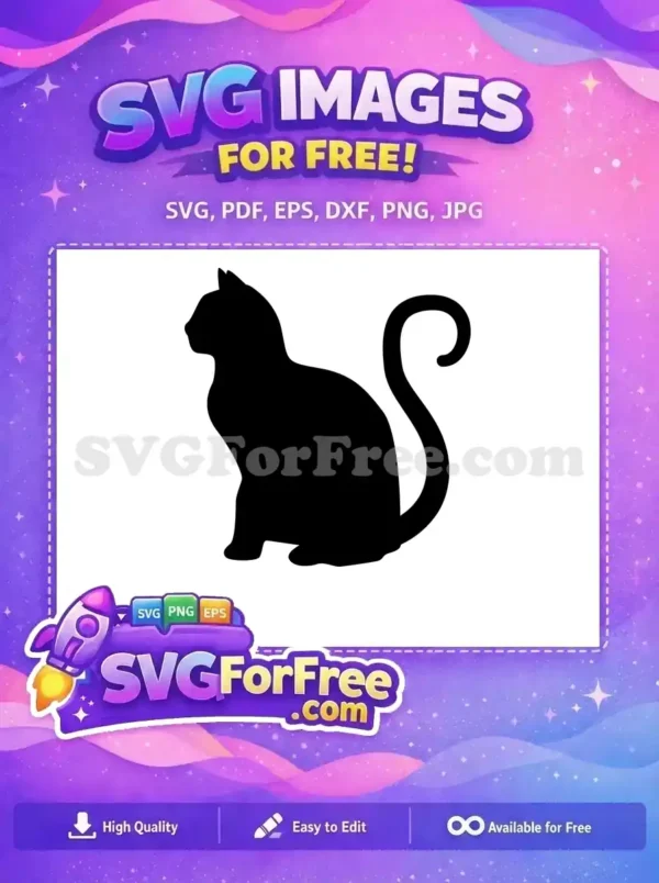 A sleek, free black cat silhouette SVG, sitting gracefully with its tail curved upwards. Ideal for free craft projects and animal-themed designs.