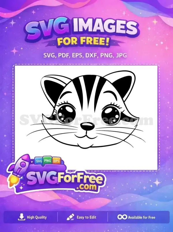 A charming free cat face SVG, featuring big, cute eyes and stripes, ideal for various creative projects. Download now!
