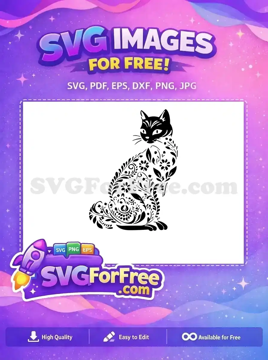 A stunning free design of a sitting cat silhouette, intricately filled with beautiful floral and leaf patterns, ideal for creative projects.