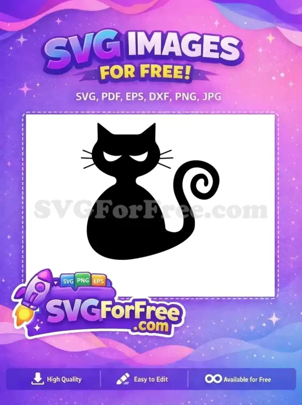A free black cat SVG silhouette with mischievous eyes and curled tail, perfect for Halloween crafts and free digital art projects.