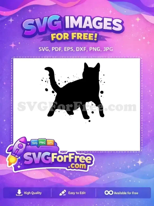 A free striking black cat silhouette with dynamic ink splatters, offering a versatile free design for creative projects.