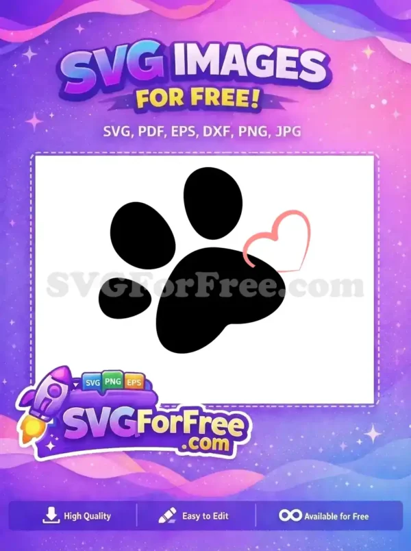 Free paw print SVG design with a loving pink heart outline, ideal for pet-themed creations. Download this free graphic now!