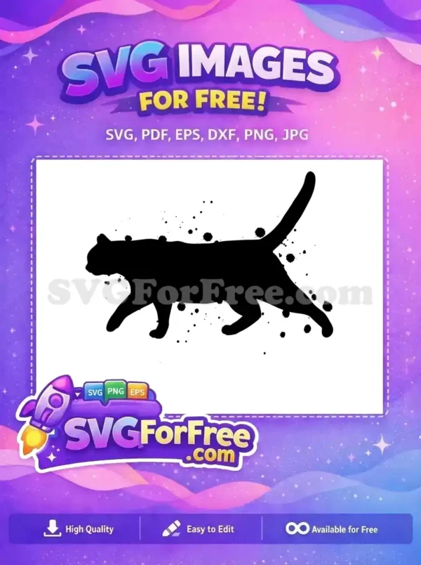 A free design featuring a striking black cat silhouette in motion, adorned with dynamic ink splatters. Ideal for crafts.
