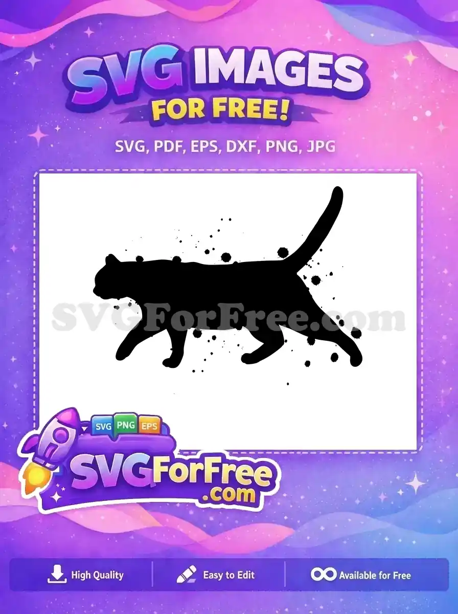 A free design featuring a striking black cat silhouette in motion, adorned with dynamic ink splatters. Ideal for crafts.
