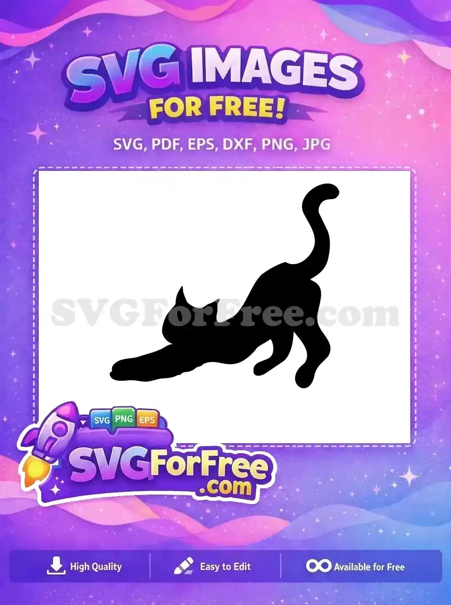 A sleek black silhouette of a stretching cat, a delightful free design for crafts and digital projects. Get your free SVG now!