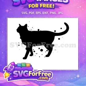Free black cat silhouette, detailed with artistic ink splatters. A unique grunge-themed free SVG for creative projects.