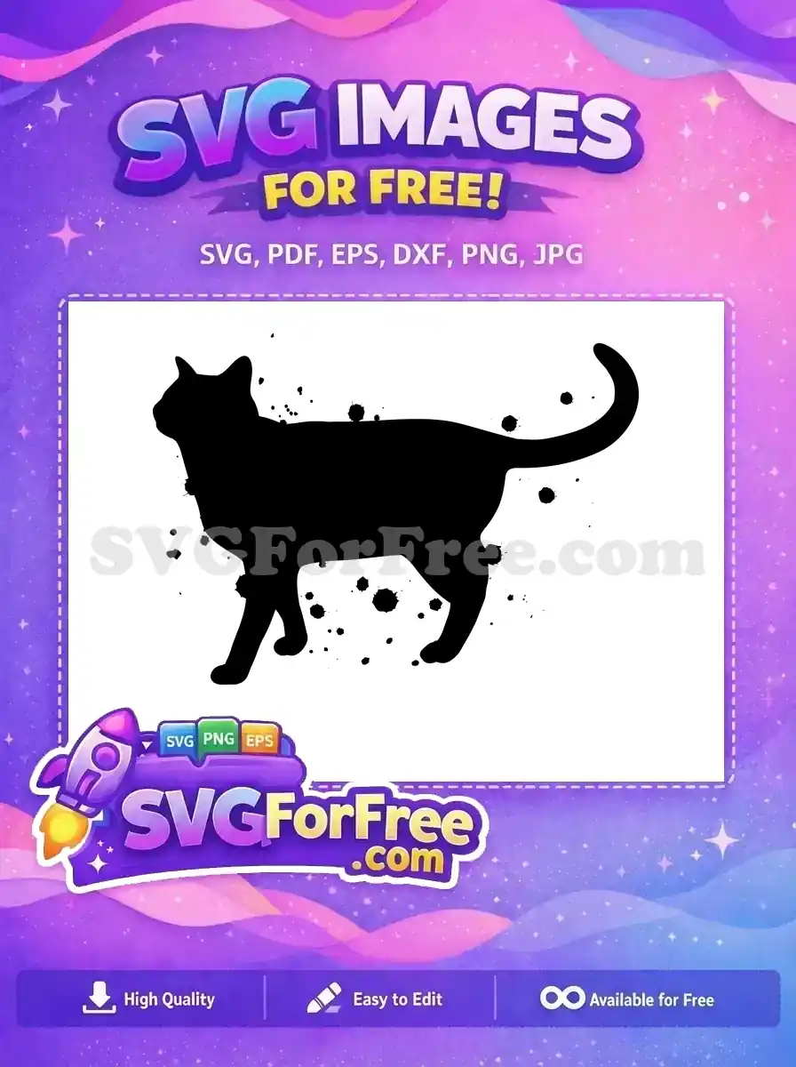 Free black cat silhouette, detailed with artistic ink splatters. A unique grunge-themed free SVG for creative projects.