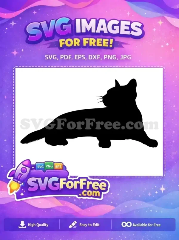 A stunning free black cat silhouette, lying down gracefully, perfect for your creative projects. Download this free design now!