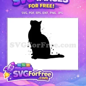 A free black cat silhouette SVG with artistic ink splatters, sitting gracefully and looking up. Ideal for free craft projects, showcasing a modern, abstract pet design.