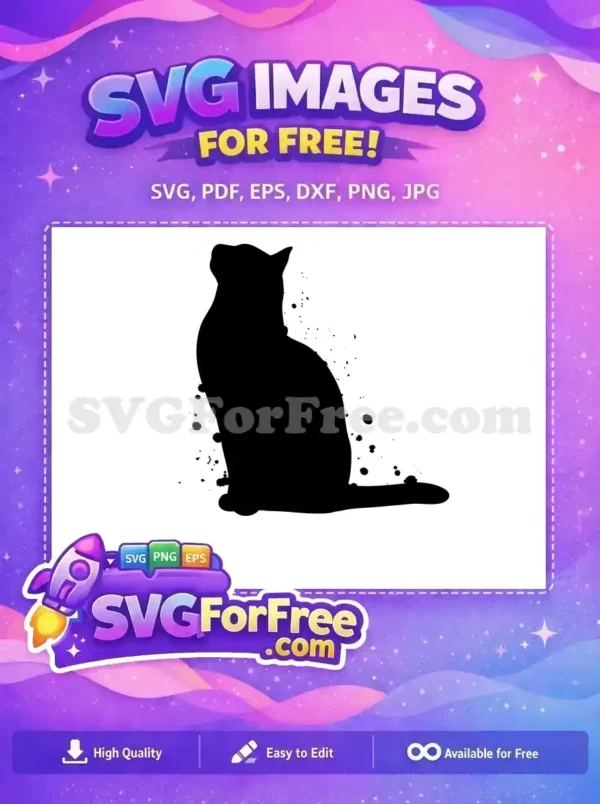 A free black cat silhouette SVG with artistic ink splatters, sitting gracefully and looking up. Ideal for free craft projects, showcasing a modern, abstract pet design.