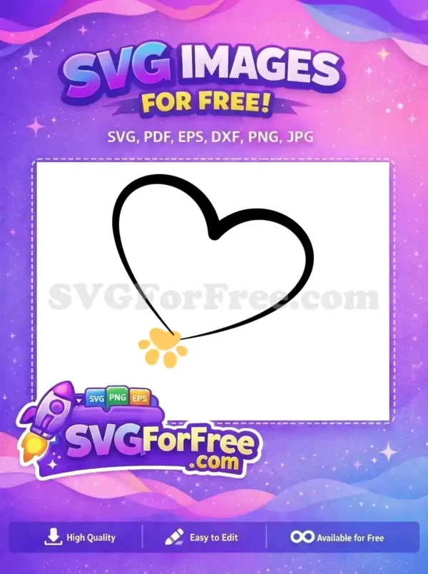 A free design of a black heart outline with a yellow paw print, symbolizing pure free pet love. Download this free SVG.