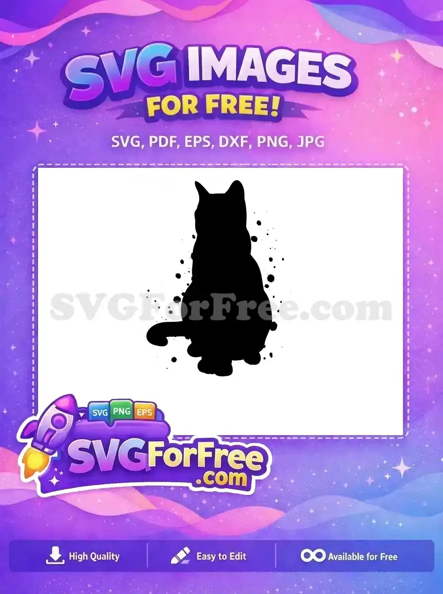A free elegant black cat silhouette sitting, with artistic ink splatters, ideal for diverse creative projects.