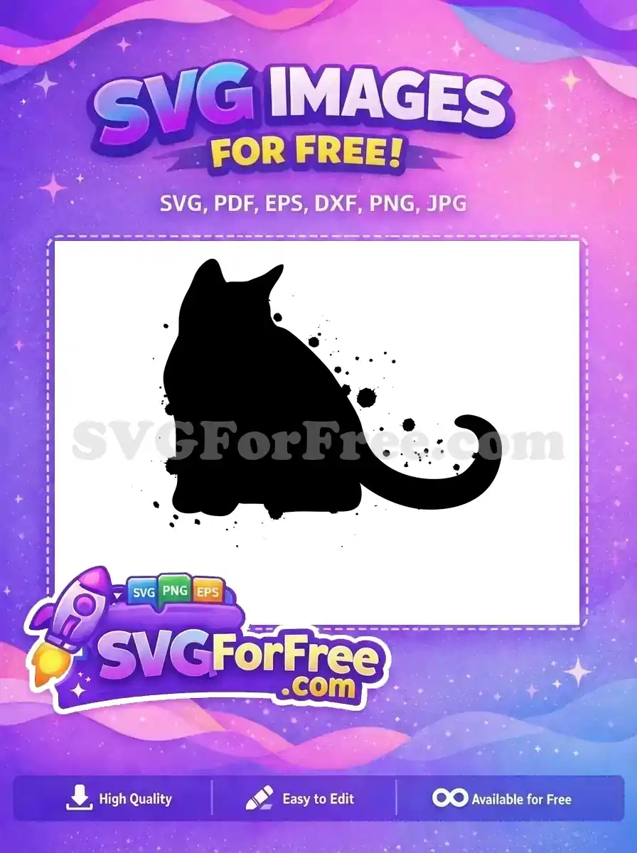 A free artistic black cat silhouette with expressive ink splatters, sitting, looking left. Ideal for diverse creative projects.