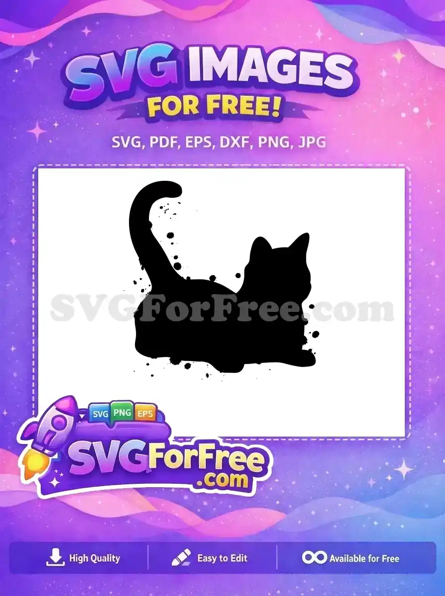 A free black cat silhouette SVG with artistic ink splatters, perfect for crafts and pet-themed designs.
