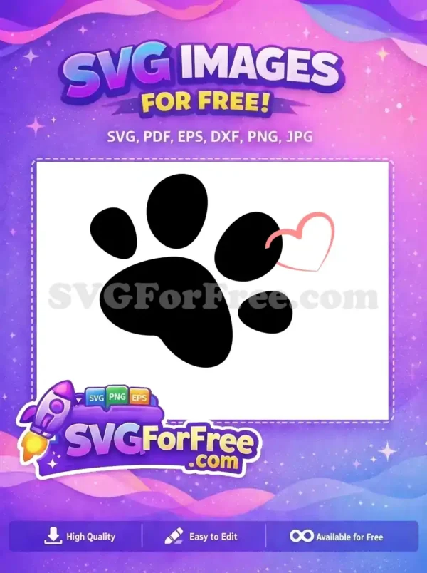 Free Pet Paw Print with Heart SVG – Love Your Furry Friends! A free design featuring a solid black pet paw print with a delicate pink heart outline, symbolizing love for animals. Download this free SVG today!