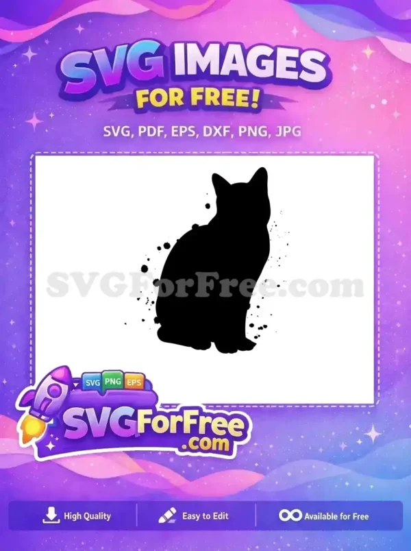 A striking free black cat silhouette design, enhanced with dynamic ink splatters, ideal for various creative projects.