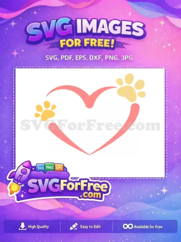 A charming free design featuring a pink heart outline with two yellow paw prints, symbolizing pet love. Ideal for animal-themed projects, this free SVG is versatile and ready for use.