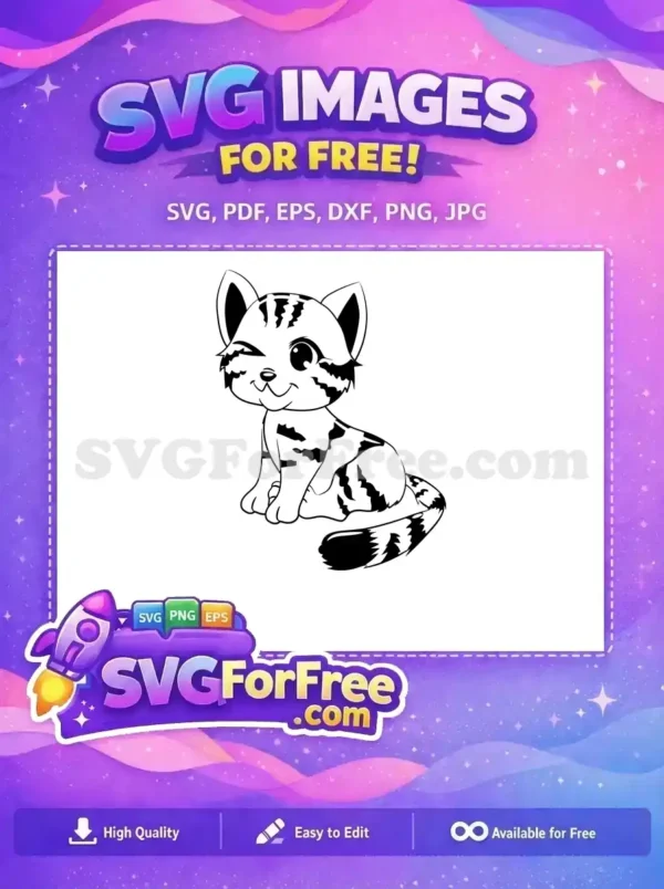 Discover this free playful winking cartoon kitten SVG, a delightful black and white design for all your creative projects.