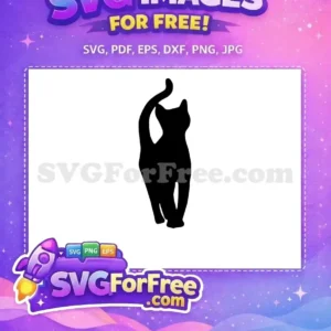 A captivating free black cat silhouette, standing gracefully with its tail curved upwards, ideal for diverse projects. This free design is truly versatile.
