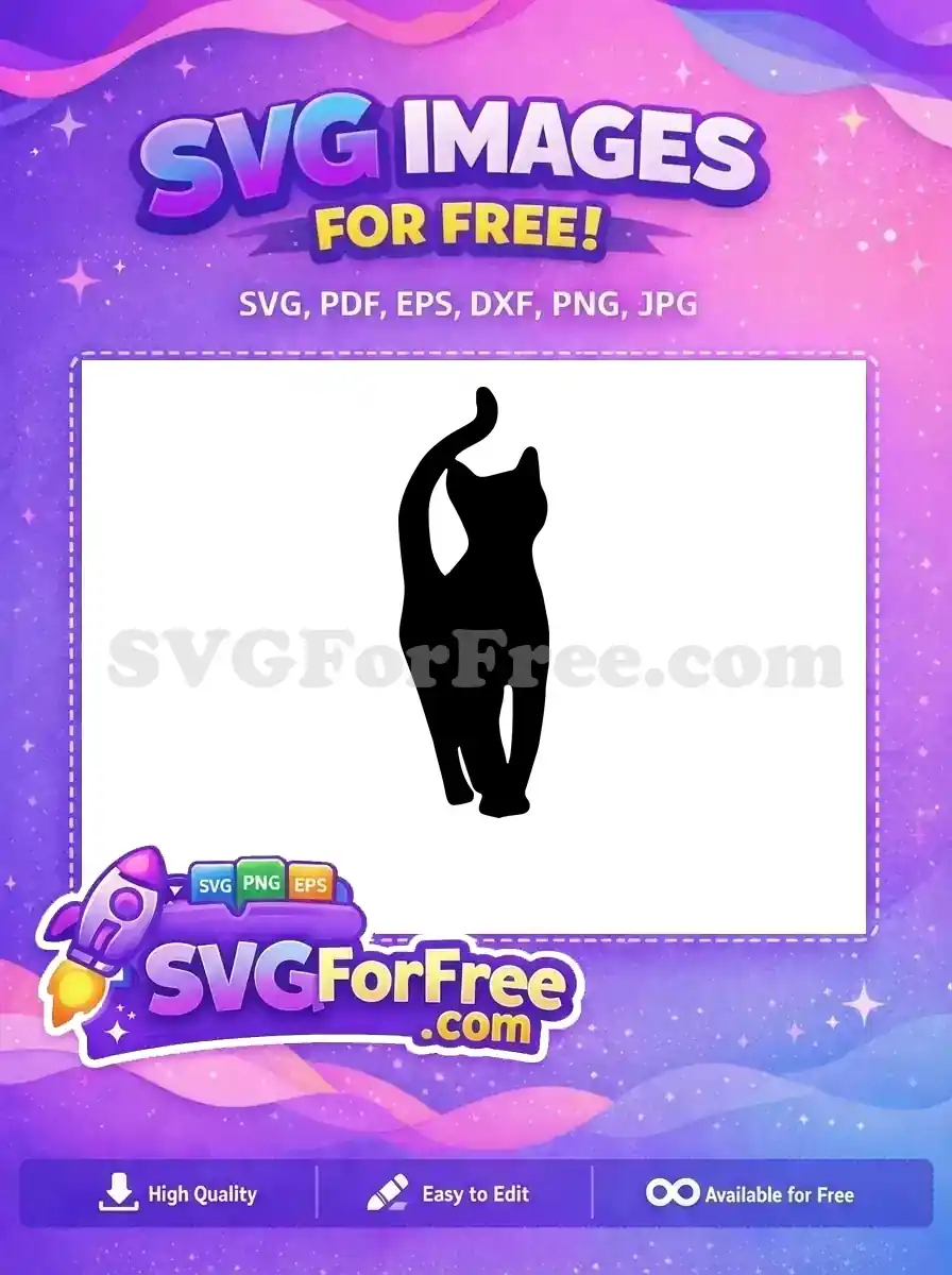 A captivating free black cat silhouette, standing gracefully with its tail curved upwards, ideal for diverse projects. This free design is truly versatile.