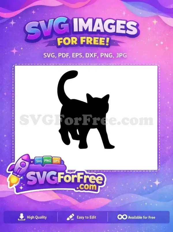 Free Cat Silhouette Vector – Elegant Feline Design! A striking free black cat silhouette, captured mid-stride with tail raised, perfect for your next creative project. Get this free design now!