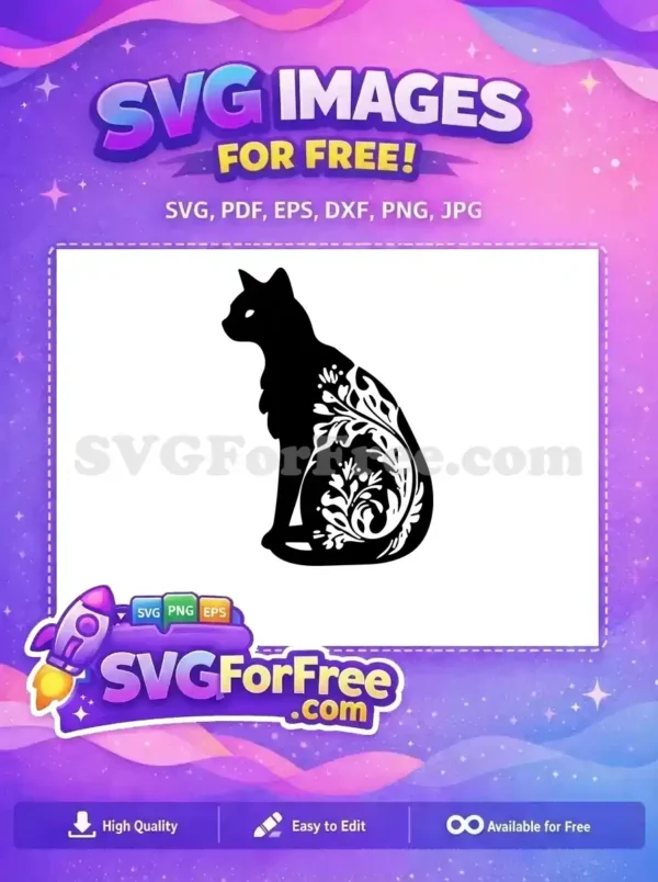 A free elegant black cat silhouette with intricate white floral patterns, sitting gracefully. This free design is perfect for various crafts.
