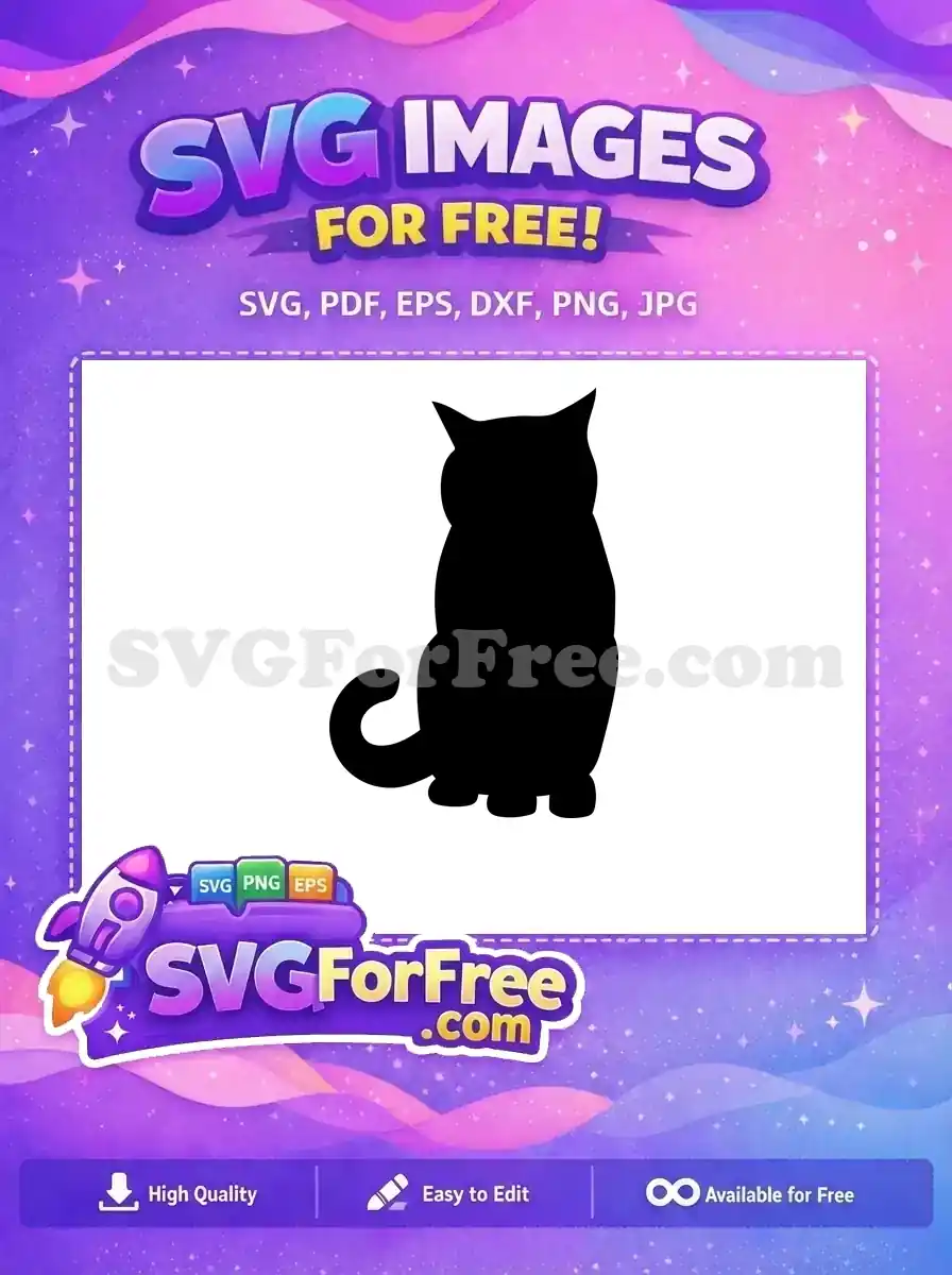 A free adorable black cat silhouette, sitting with a curled tail, ideal for various creative projects. Download this free design now!