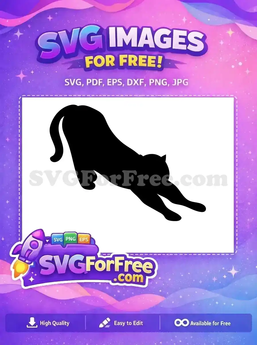 Free black cat or panther silhouette in a dynamic stretching pose, ideal for striking free SVG designs.