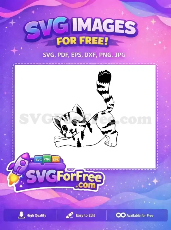 A free playful cartoon cat SVG in a stretching pose, with big eyes and striped details. Ideal free graphic for crafters.