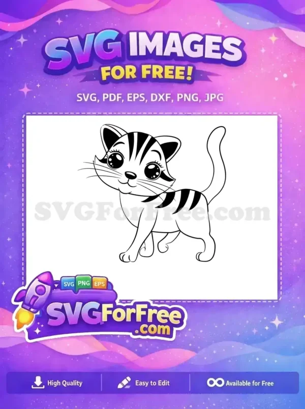 Free Adorable Striped Kitty SVG – Cute Cat Design for Free! A charming, free cartoon kitten SVG design, featuring playful stripes and big expressive eyes, perfect for free creative use.