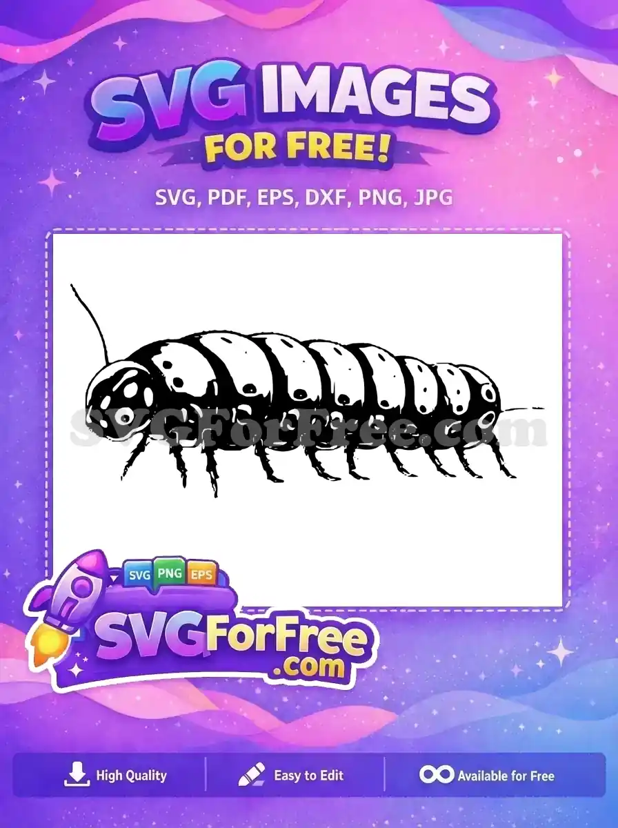 Detailed black and white free caterpillar SVG, showcasing its segmented body and unique markings. A versatile free vector design.