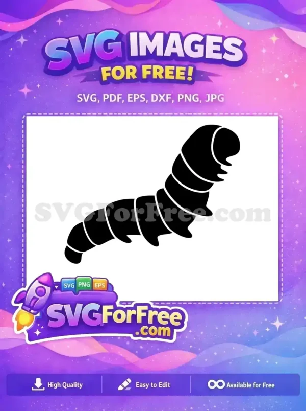 A simple, free black silhouette of a caterpillar with a segmented body, ideal for educational or craft projects. This free design is highly versatile.