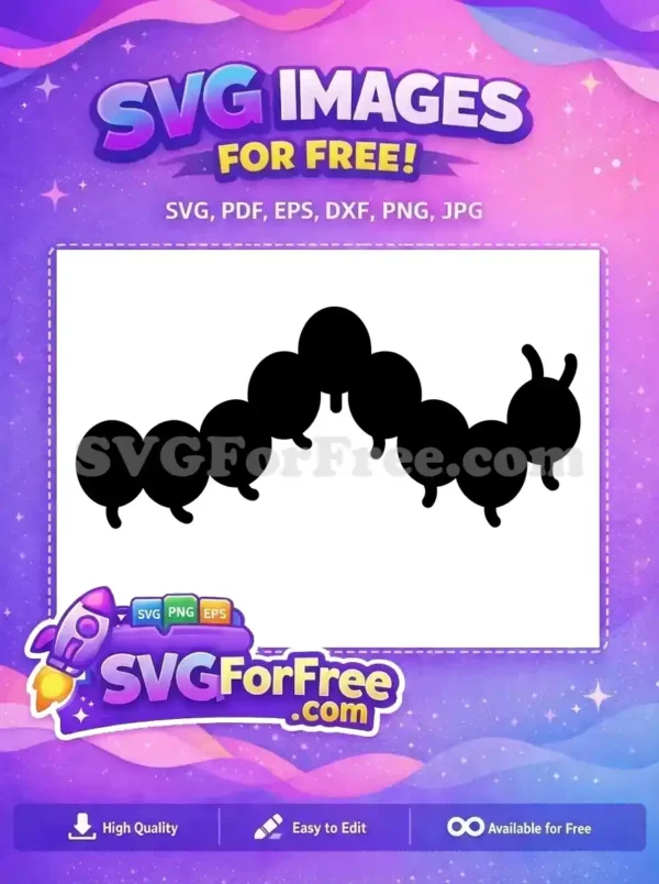 A simple, free black caterpillar SVG design, featuring a segmented body and antennae, ideal for easy crafting projects. Download this free vector!
