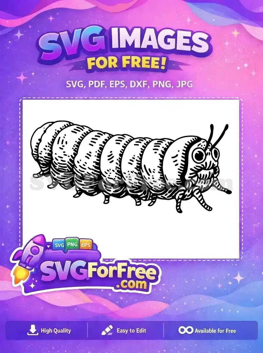 A free detailed black and white illustration of a segmented caterpillar with expressive eyes and antennae. Perfect free design for nature themes.