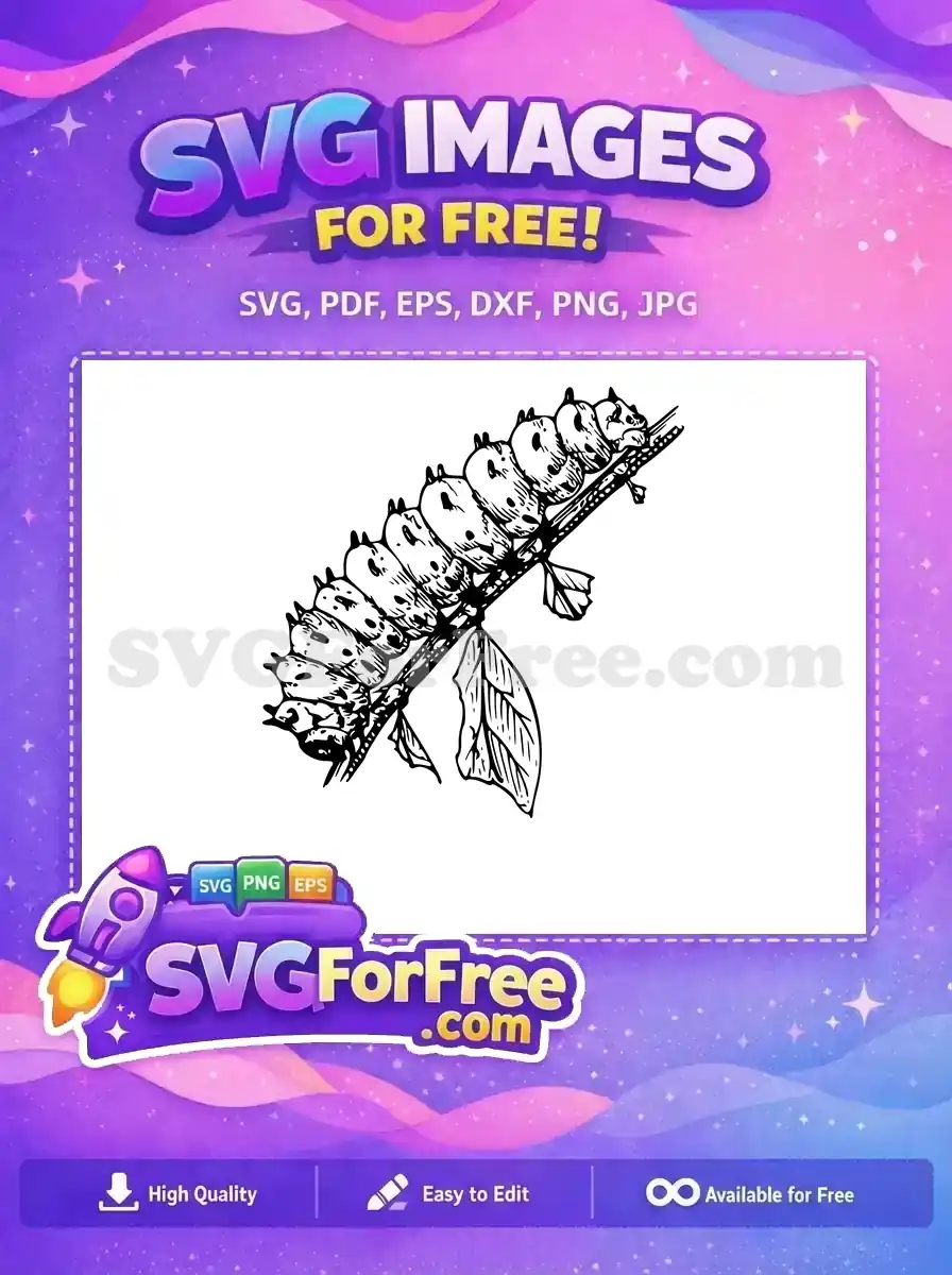 A detailed free black and white illustration of a caterpillar on a branch with leaves, offering a classic free design.