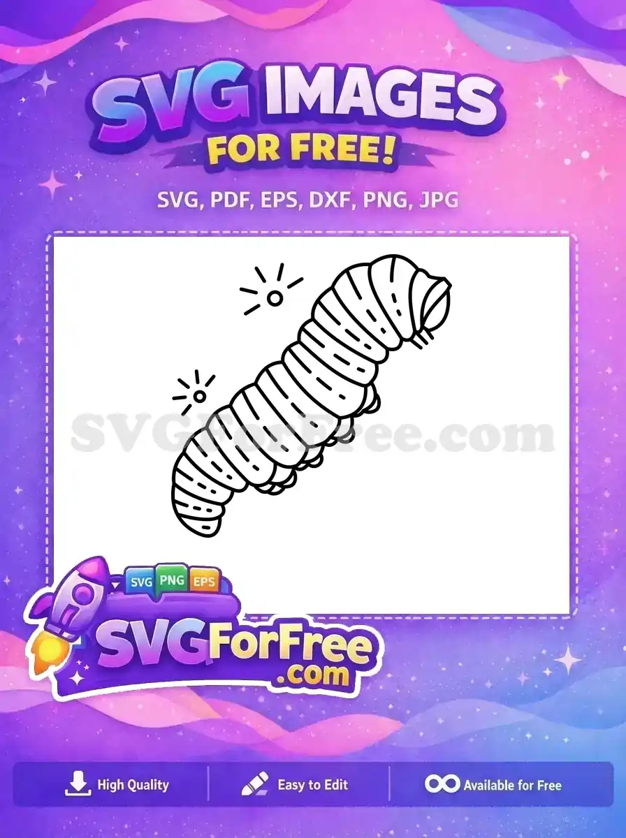 A detailed free line art SVG of a segmented caterpillar or worm, featuring simple lines and sparkle accents. This free design is perfect for nature themes.