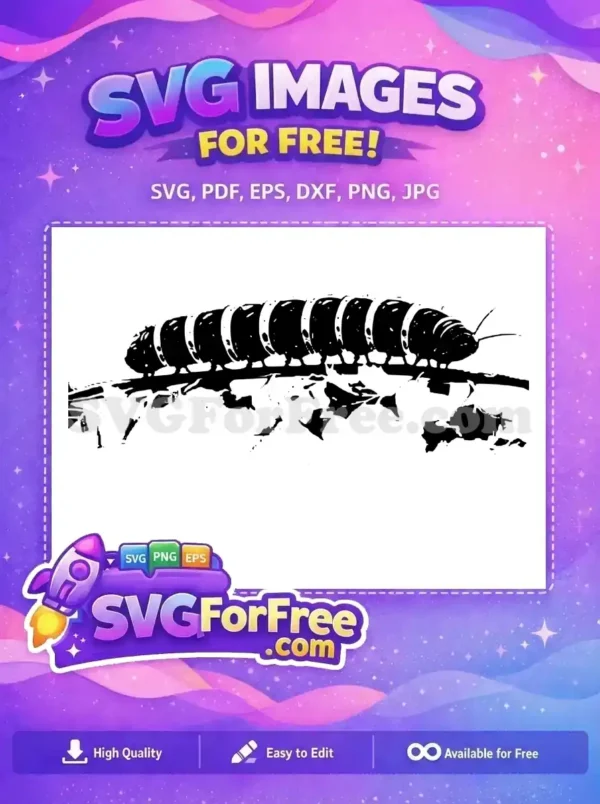 A free black and white caterpillar design on a leafy branch, an ideal free SVG for nature enthusiasts and crafters.