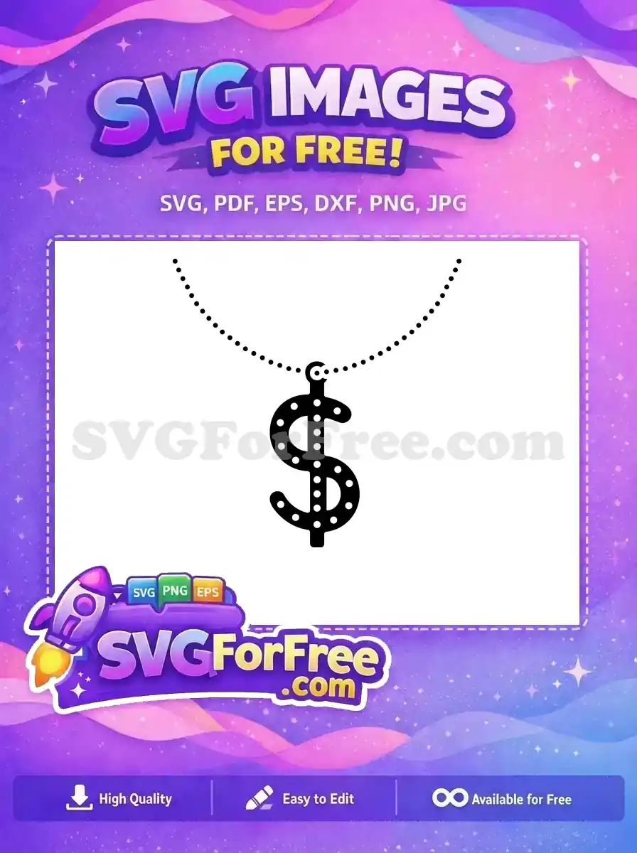 A free design featuring a bold dollar sign pendant, intricately detailed with white dots, hanging on a delicate dotted chain. Perfect for free financial graphics.