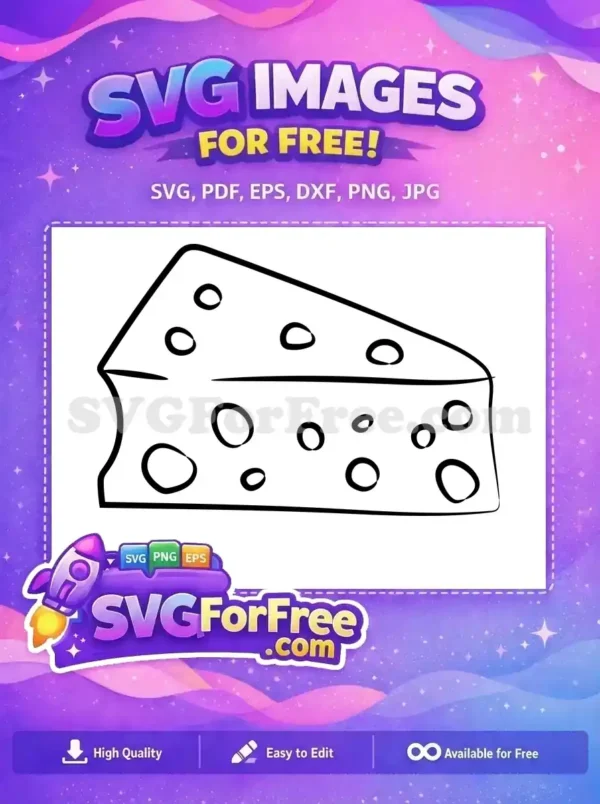 A delightful, free design of a hand-drawn cheese wedge with holes, perfect for food-related graphics. This free SVG is versatile.