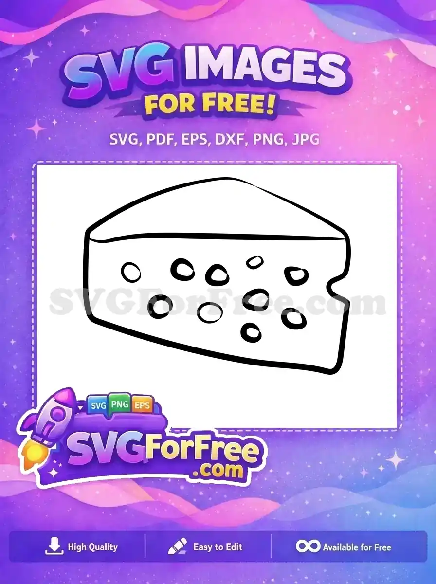 A free design of a simple, hand-drawn style cheese wedge with characteristic holes, perfect for your free projects.