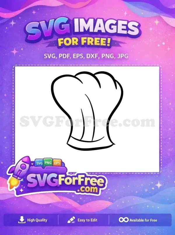 A crisp, free SVG outline of a classic chef's hat, perfect for cooking-themed designs. This free vector is versatile.