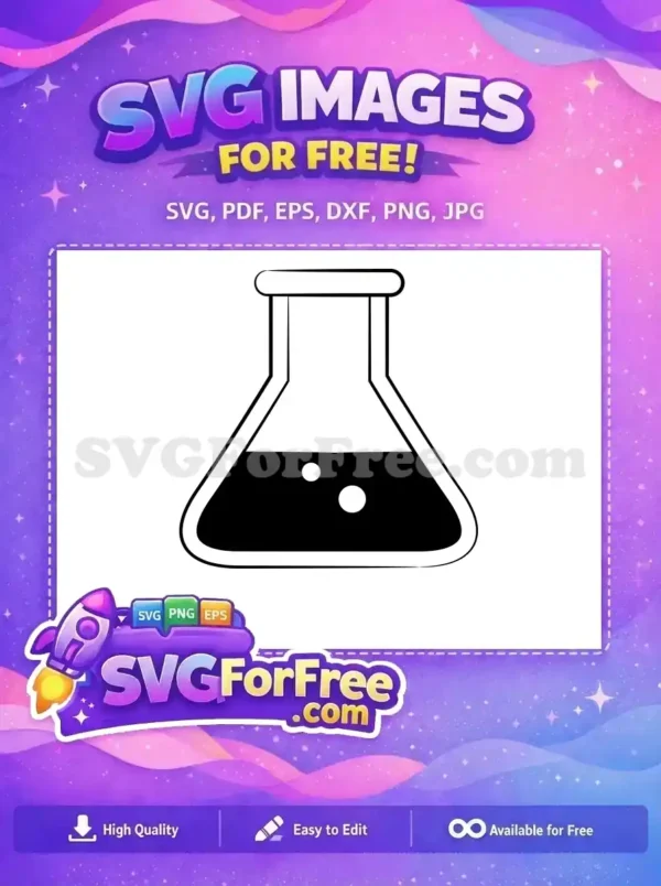 A free SVG of a classic conical flask, filled with dark liquid and two bubbles, ideal for science-themed projects.