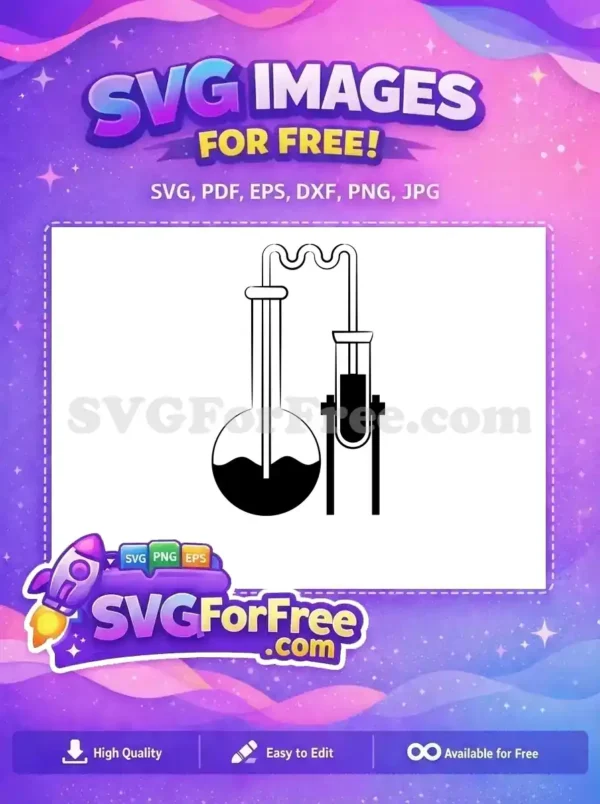 Free SVG of a classic chemistry distillation setup, with a flask and test tube connected by tubing. Ideal for free science projects.