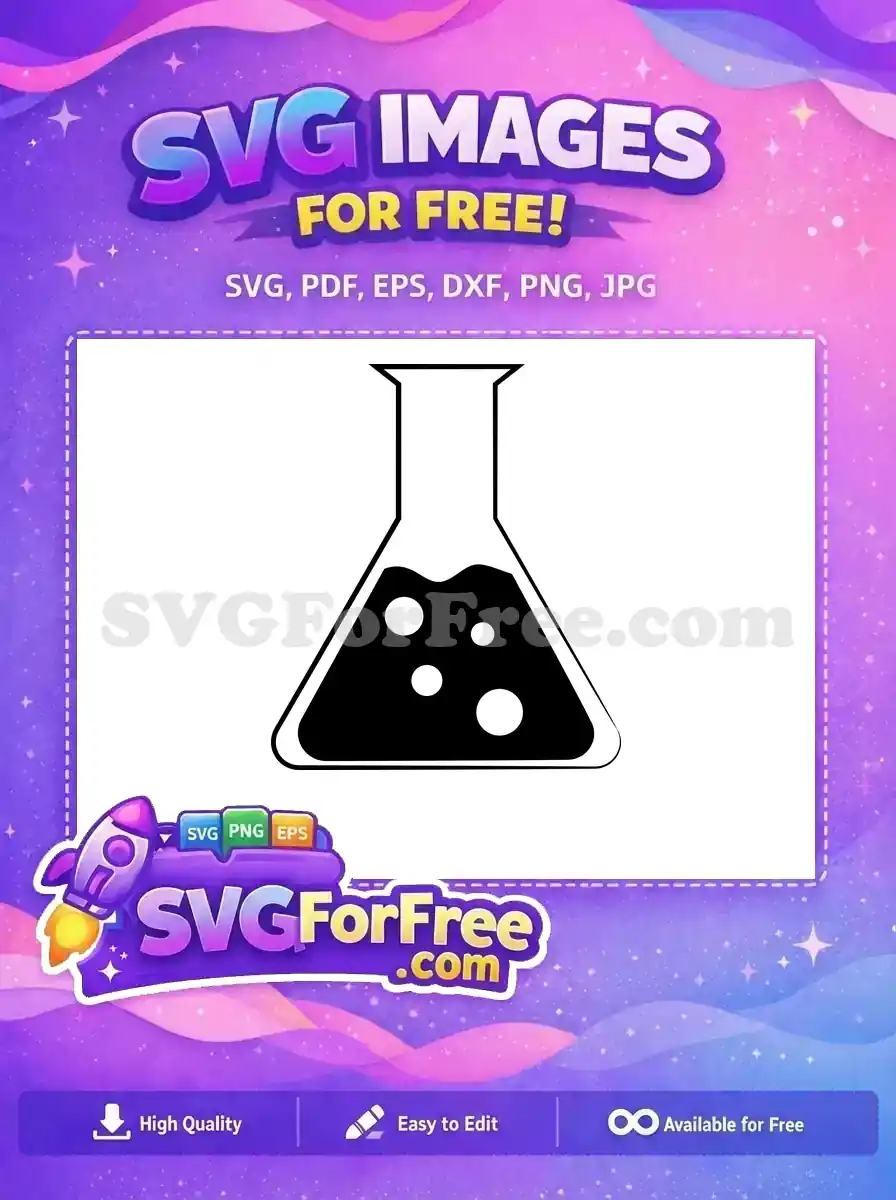 Free design of a simple Erlenmeyer flask icon, featuring a liquid and distinct bubbles, perfect for science themes.