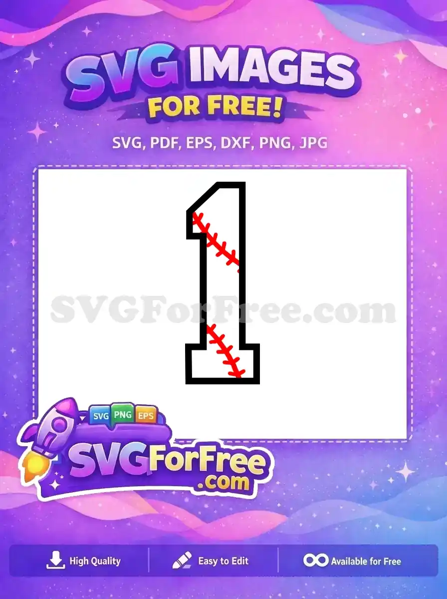 A free SVG of the number one, stylized with red baseball stitching and a bold black outline, ideal for sports projects.