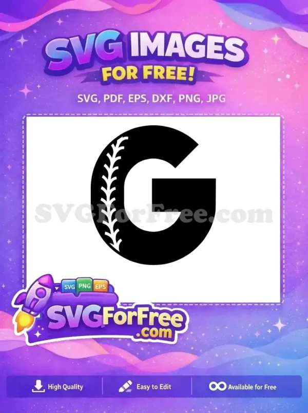 Free baseball 'G' SVG design, featuring a bold black letter with authentic white stitching detail. Ideal for sports apparel and crafts. Download this free design now for your projects.