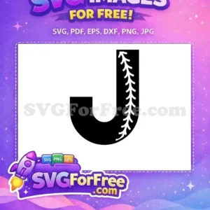Free 'J' initial SVG with white baseball stitching on its right, against a black background. Perfect for free baseball-themed crafts.