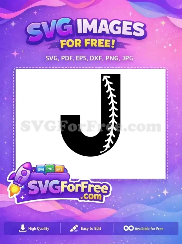 Free 'J' initial SVG with white baseball stitching on its right, against a black background. Perfect for free baseball-themed crafts.
