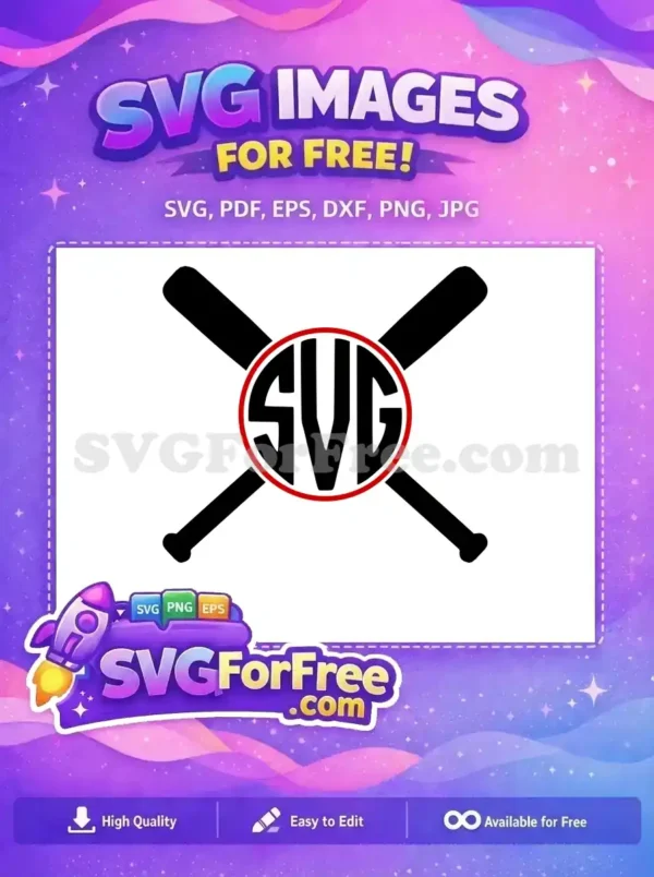 Free Baseball SVG Logo: Crossed Bats & Bold Text Design A striking free baseball SVG logo with black crossed bats and a red-bordered circle enclosing 'SVG' text, ideal for sports projects.