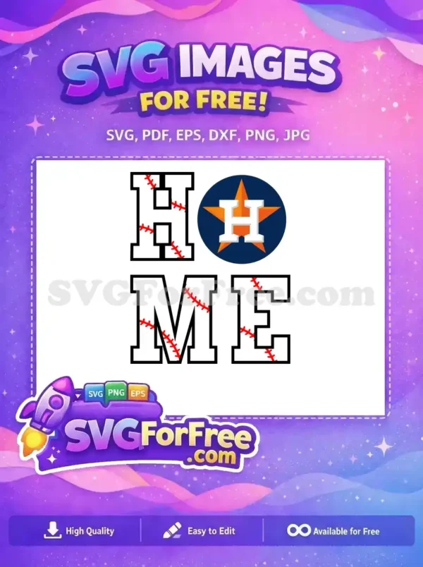 Free baseball 'HOME' word art SVG featuring bold letters with red stitching and a distinct team logo. Download this free design now!